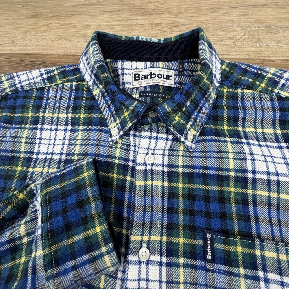 Barbour Men's Flannel Plaid Button Up Tailored Fit Shirt Size L Blue